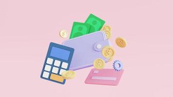 portafoglio icona, banconote, monete galleggianti, carta di credito con e calcolatrice concetto di gestione del budget. illustrazione 3d foto