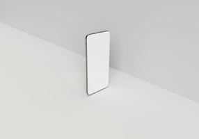 illustrazione di rendering 3d Mano che tiene lo smartphone bianco con schermo intero e design moderno senza cornice - isolato su sfondo bianco foto