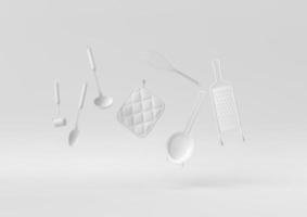 utensili da cucina bianchi galleggianti su sfondo bianco. idea di concetto minimale creativa. monocromo. rendering 3d. foto