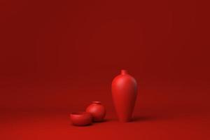 vasi rossi galleggianti su sfondo rosso. idea di concetto minimale creativa. monocromo. rendering 3d. foto