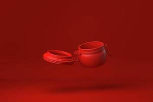 vaso rosso con un coperchio aperto che galleggia su sfondo rosso. idea di concetto minimale creativa. monocromo. rendering 3d. foto