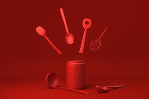 utensili da cucina rossi e ingredienti da forno galleggianti su sfondo rosso. idea di concetto minimale creativa. monocromo. rendering 3d. foto
