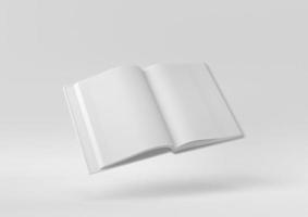 rivista aperta in bianco bianco o libro che fluttua in uno sfondo bianco. idea di concetto minimale creativa. monocromo. rendering 3d. foto