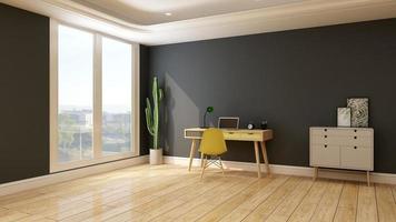 3d render confortevole sala studio mockup - concetto di interior design rustico moderno foto