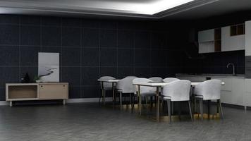 Rendering 3D di una moderna dispensa per ufficio - concetto di cucina minimalista di interior design foto