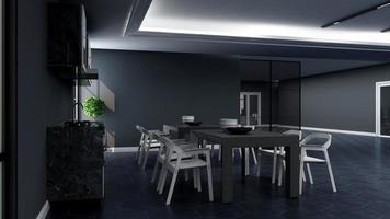 Rendering 3D di una moderna dispensa per ufficio - concetto di cucina minimalista di interior design foto