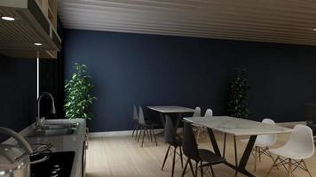 Rendering 3D di una moderna dispensa per ufficio - concetto di cucina minimalista di interior design foto