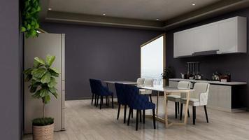 Rendering 3D di una moderna dispensa per ufficio - concetto di cucina minimalista di interior design foto
