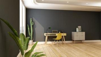 3d render confortevole sala studio mockup - concetto di interior design rustico moderno foto