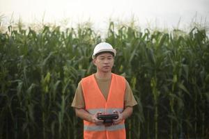 ingegnere maschio che controlla i droni che spruzzano fertilizzanti e pesticidi su terreni agricoli, innovazioni ad alta tecnologia e agricoltura intelligente foto