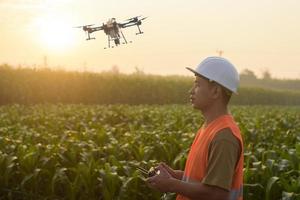 ingegnere maschio che controlla i droni che spruzzano fertilizzanti e pesticidi su terreni agricoli, innovazioni ad alta tecnologia e agricoltura intelligente foto