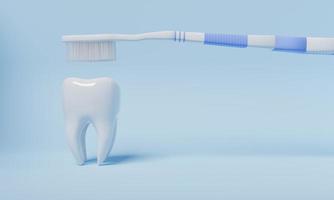 spazzolatura dei denti con spazzolino da denti su sfondo blu. assistenza sanitaria e concetto medico. rendering di illustrazioni 3d foto