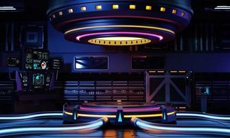 vetrina del podio del prodotto di fantascienza cyberpunk in astronave con sfondo giallo blu viola e rosa. concetto di tecnologia e oggetto. rendering di illustrazioni 3d foto