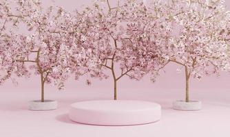 vetrina del podio del prodotto rosa cilindro in stile minimal con albero di ciliegio o sakura in lingua giapponese al giardino pubblico. concetto di tecnologia e oggetto. rendering di illustrazioni 3d foto