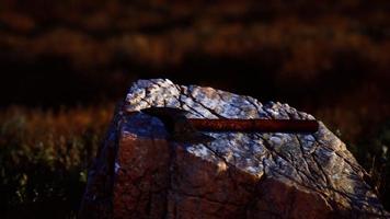 ascia da guerra per vichingo sulla roccia al tramonto foto