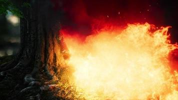 vento che soffia su alberi in fiamme durante un incendio boschivo foto