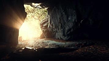 scenario mozzafiato di luminosi raggi di sole che cadono all'interno di una grotta illuminante foto