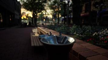 primo piano di una fontana di acqua potabile in un parco al tramonto foto