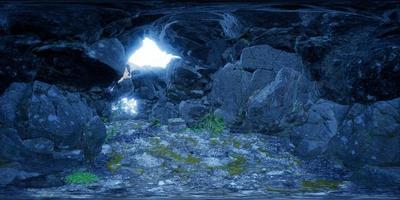 fotocamera vr 360 all'interno di una grotta tropicale nella giungla con palme e luce solare. vr foto