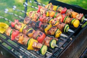 appetitoso carne fresca shish kebab preparato grill a legna foto