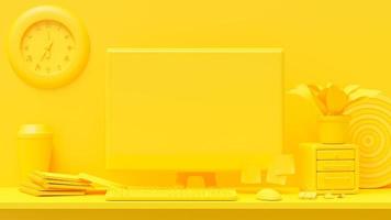 concetto minimo, computer sul tavolo scrivania colore giallo e mock-up per il tuo testo con taccuino, mouse, orologio, graffetta e freccette. rendering 3d. foto