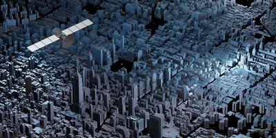 trasmissione di segnali satellitari nel cielo sopra la grande città piena di edifici alti 3d illustrazione foto