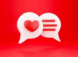 cuore 3d con bolla di chat. 3d rendono l'amore di notifica sui social media come l'icona del cuore con la forma del messaggio di conversazione foto