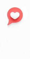 Icona di amore di notifica dei social media 3D. notifica dei social media amore come icona del cuore isolata su sfondo bianco con rendering 3d di ombre e riflessi foto
