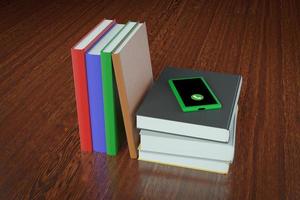 sette libri con copertine colorate e telefono chiamante, illustrazione della biblioteca, concetto di istruzione e scienza foto