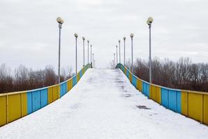 ponte pedonale a chernihiv attraverso il fiume desna nella neve in una giornata nevosa invernale. foto