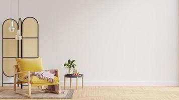 interior design del soggiorno con poltrona gialla sul muro bianco vuoto. foto