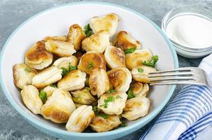 ciotola blu con gnocchi fritti. foto in studio