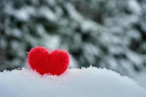 cuore di lana rosso su neve soffice con pini sfocati ricoperti di neve sullo sfondo foto