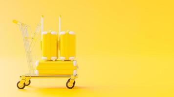 valigia gialla sul carrello su sfondo giallo. concetto di idea minima, rendering 3d. foto