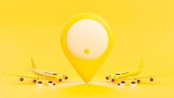aereo giallo sulla pista e spilla gialla al centro dell'immagine. concetto di idea minima, rendering 3d. foto