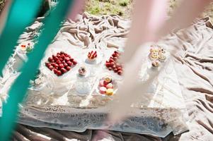 tavolo da picnic con decorazioni su erba con amaretti, fragole e cup cake foto