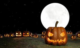 zucca di halloween. il volto del demone aveva una luce dall'interno. luna piena e molte stelle sfondo nero e la luce che risplende dal retro. rendering 3D foto