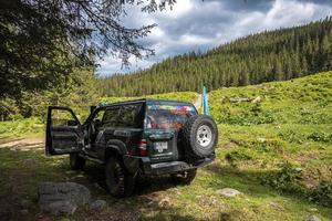 suv parcheggiato con porta aperta sotto un albero contro una fitta foresta. foto