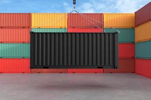 container da carico appeso a un gancio della gru, concetto di servizio di consegna, logistica del trasporto merci foto