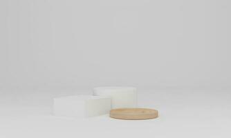 rendering 3D. podio in legno su sfondo bianco. scena minimale astratta con geometrica. piedistallo o piattaforma per esposizione, presentazione di prodotti, mock up, esposizione di prodotti cosmetici foto