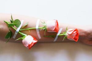 belle rose rosa sono attaccate al braccio con calco in gesso. freschezza naturale foto