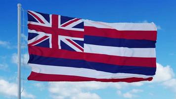bandiera delle hawaii su un pennone che sventola nel vento, sfondo blu del cielo. rendering 3D