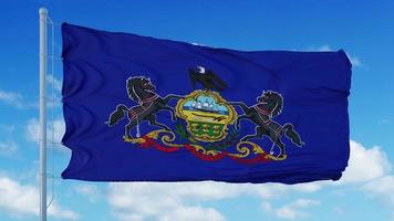 bandiera della Pennsylvania su un pennone che sventola nel vento, sfondo blu del cielo. rendering 3D foto