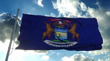 bandiera del Michigan su un pennone che sventola nel vento, sfondo blu del cielo. rendering 3D foto