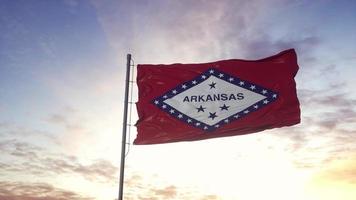 bandiera dello stato dell'Arkansas che sventola nel vento. sfondo drammatico del cielo. illustrazione 3d foto