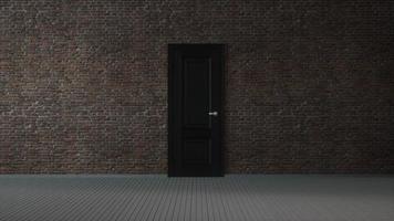 muro di mattoni, porta nera e pavimento in legno, fondo interno vuoto astratto. illustrazione 3d foto