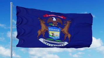 bandiera del Michigan su un pennone che sventola nel vento, sfondo blu del cielo. rendering 3D foto