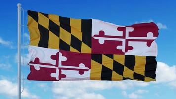 bandiera del Maryland su un pennone che sventola nel vento, sfondo blu del cielo. rendering 3D foto