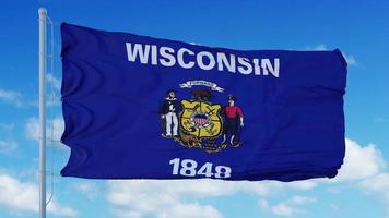 bandiera del Wisconsin su un pennone che sventola nel vento, sfondo blu del cielo. rendering 3D foto