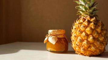 marmellata di ananas in vasetto di vetro e frutta fresca di ananas con ombre dure foto